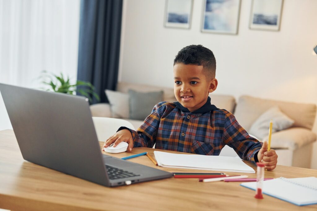 With laptop. Cheerful young boy is at home alone