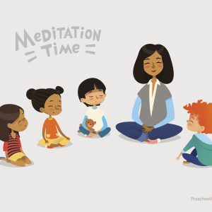 Preschool female teacher and smiling kids sitting in circle on floor and doing yoga exercise. Meditation lesson in kindergarten concept. Vector illustration for banner, website, poster, postcard.