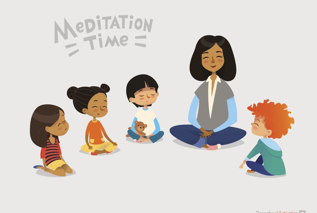 Preschool female teacher and smiling kids sitting in circle on floor and doing yoga exercise. Meditation lesson in kindergarten concept. Vector illustration for banner, website, poster, postcard.