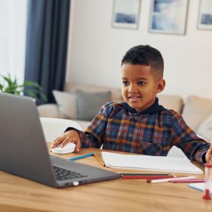 With laptop. Cheerful young boy is at home alone